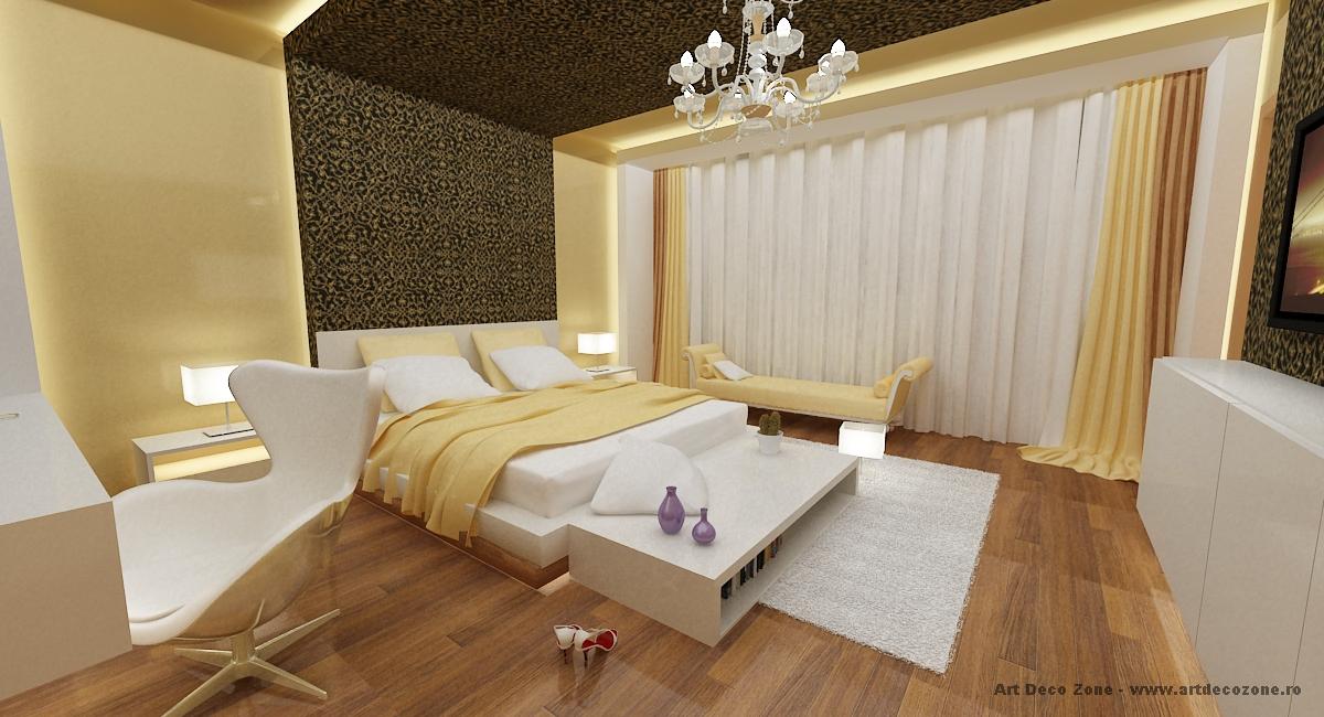 Dormitor matrimonial decorat cu tapet auriu